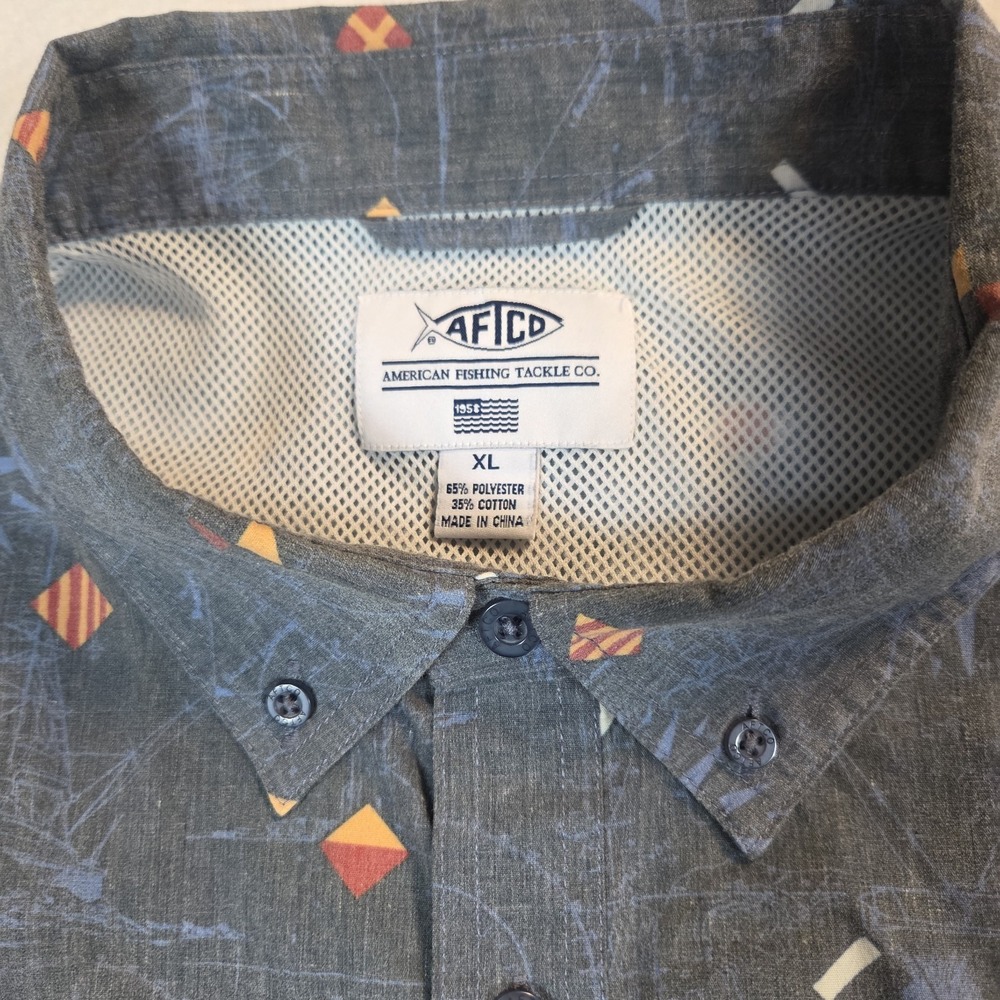 Aftco Shirt Mens XL Short Sleeve Vented Gray Nautical Print Flap Pocket Camp - Picture 4 of 11